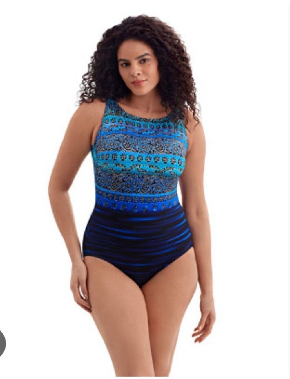 Longitude Black & Gold Abstract Print zone Piece Slimming Swinsuit Sz 22W NWT